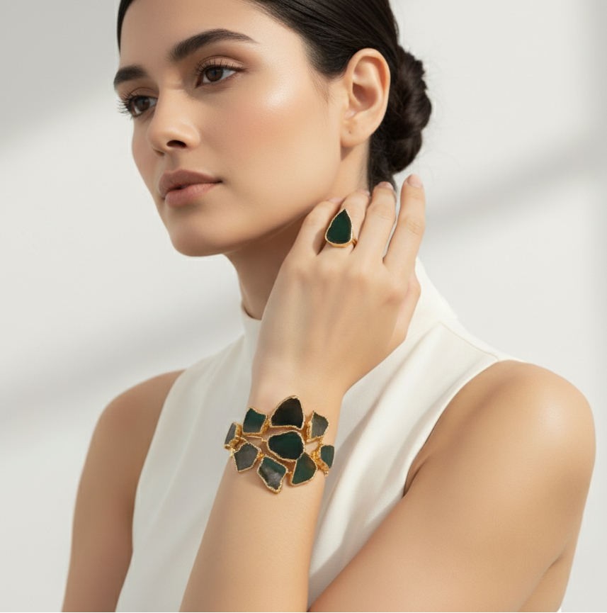 Gold Plated Cuff Bracelet – Adjustable Green Agate Stones, Handmade Statement Ring Set