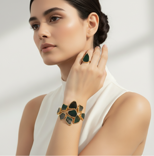 Gold Plated Cuff Bracelet – Adjustable Green Agate Stones, Handmade Statement Ring Set