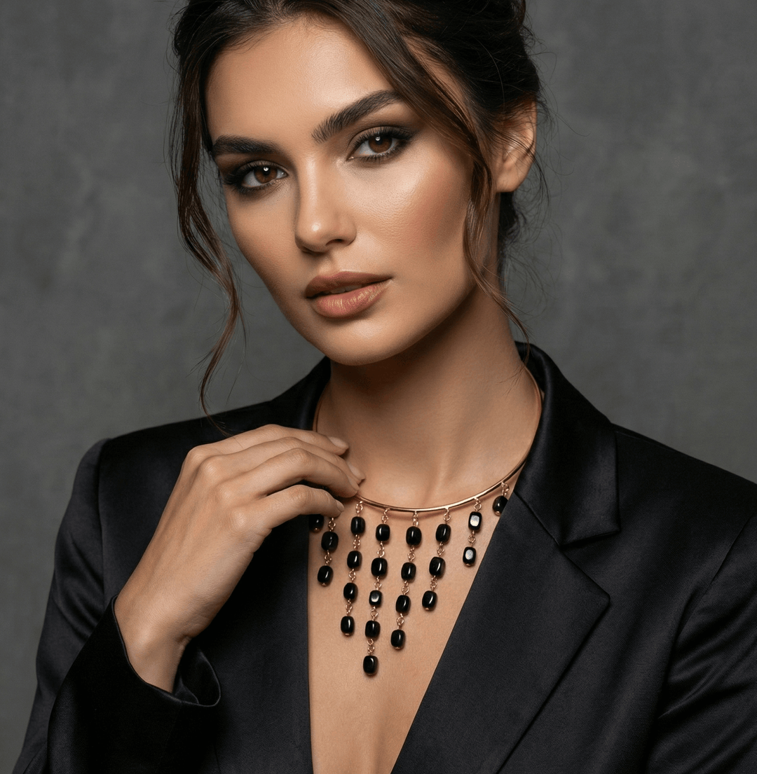 18k Gold Plated Black Onyx Fringe Choker – Statement Waterfall Collar Necklace