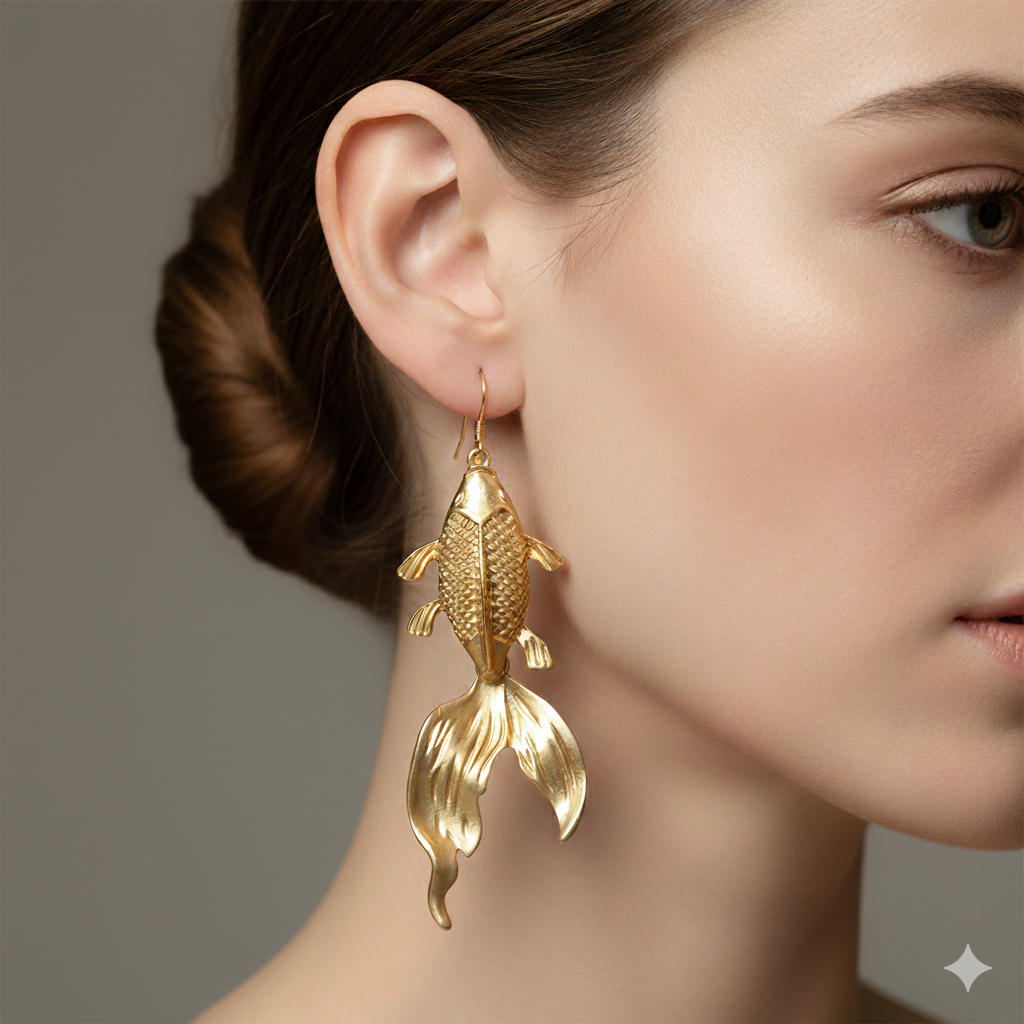Gold Plated Earrings – Koi Fish Statement Drop Artistic Jewelry