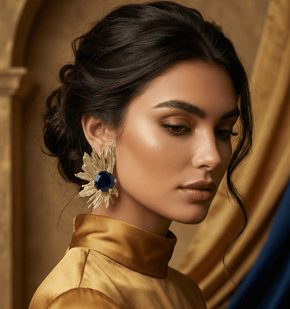 18k Gold Plated Sunburst Statement Earrings, Black Stone