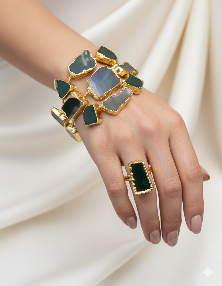 Raw Green Agate Slice Gold Plated Statement Ring & Cuff Bracelet Set