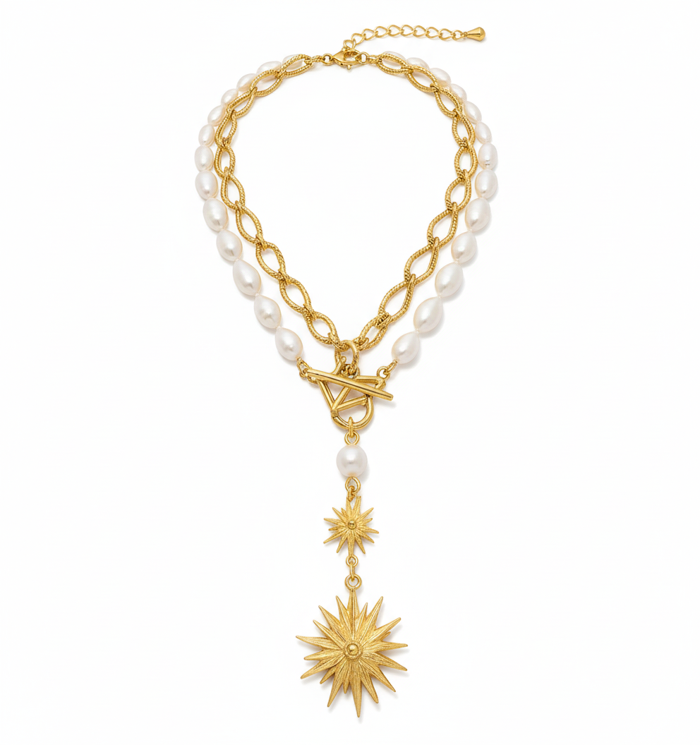 Gold Plated Pearl Necklace - Elegant Layered Statement Necklace with Leaf Pendant