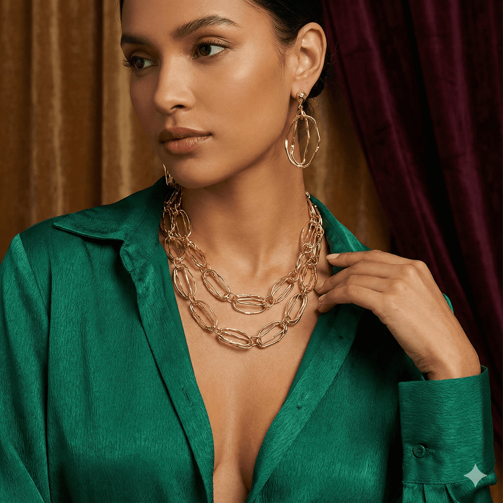 18k Gold Plated Textured Oval Link Layered Necklace & Earrings Set