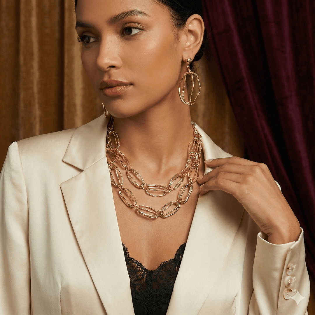 18k Gold Plated Textured Oval Link Layered Necklace & Earrings Set