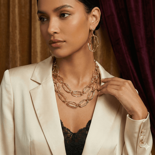 18k Gold Plated Textured Oval Link Layered Necklace & Earrings Set