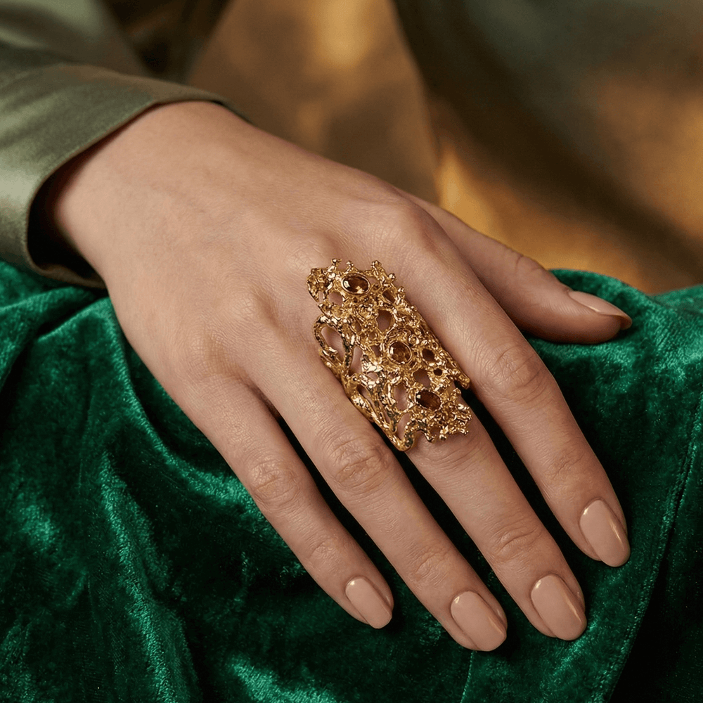 18K Gold Plated Sculptural Adjustable Statement Ring, Textured Molten Design with Gemstone Accents