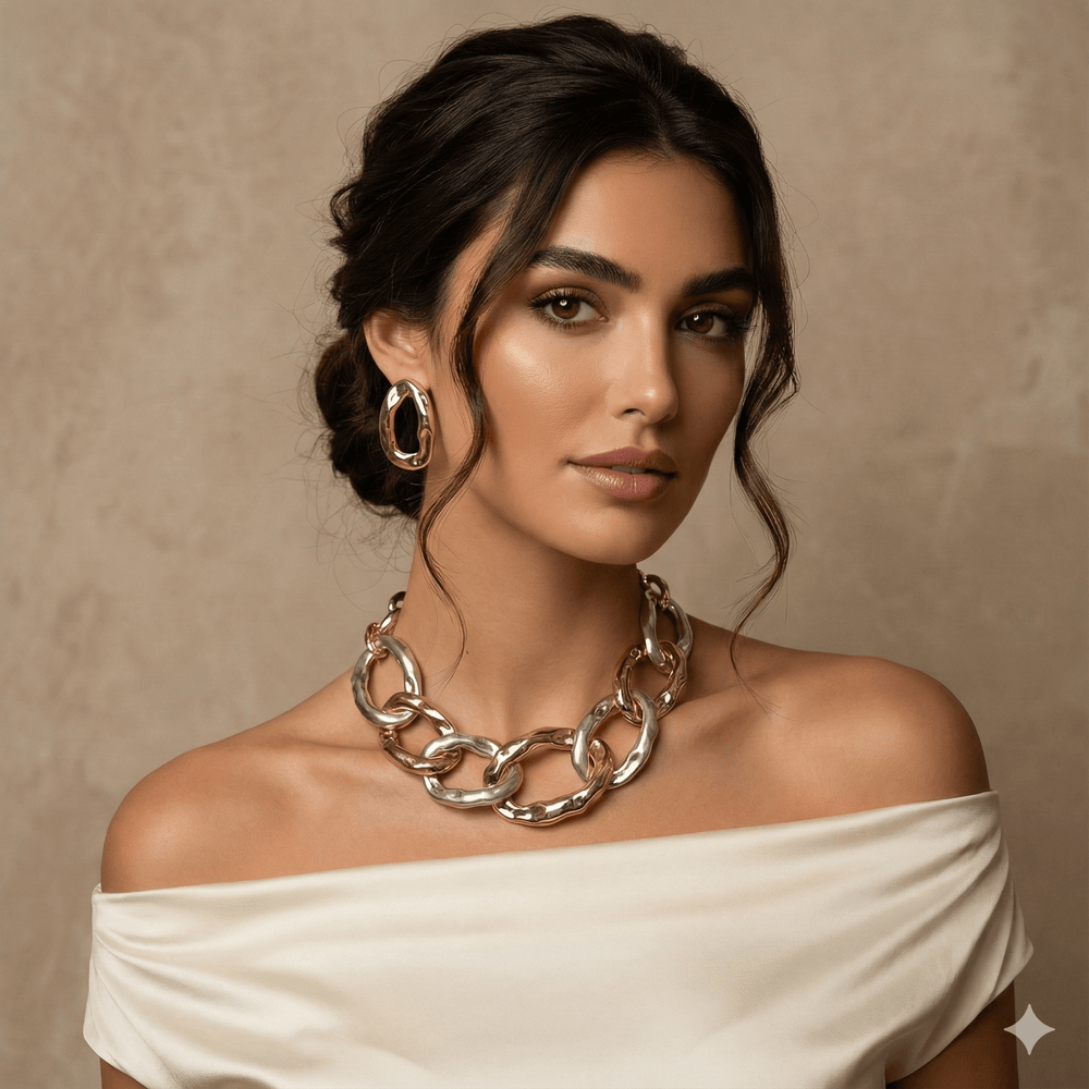 18k Gold Plated Two-Tone Chunky Chain Necklace & Earring Set - Bold Hammered Link Statement Jewelry