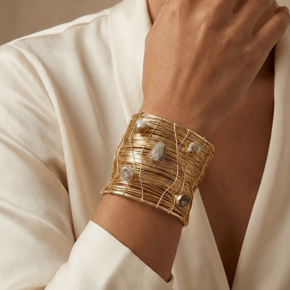 The Gilded Weaver Cuff: Wide Gold Wire-Wrapped Bangle with Raw Natural Stones