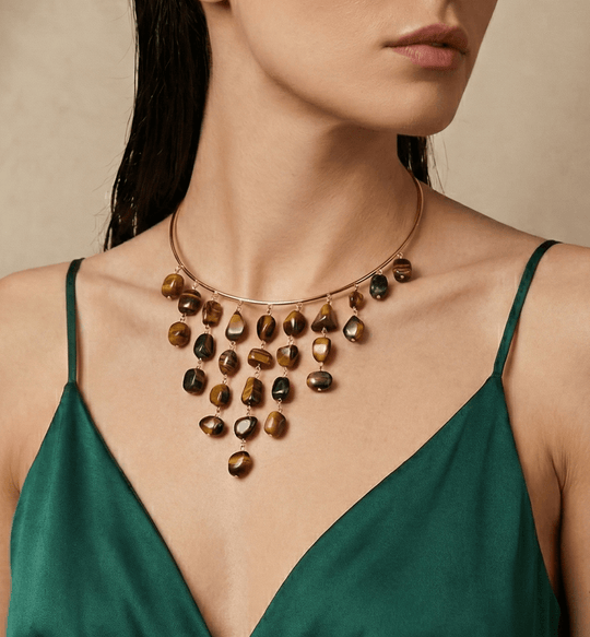 18K Gold Plated Tiger’s Eye Fringe Collar Choker Necklace