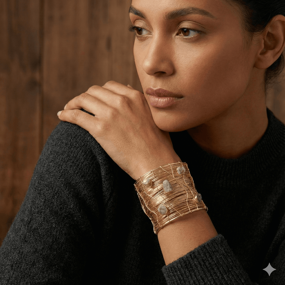 The Gilded Weaver Cuff: Wide Gold Wire-Wrapped Bangle with Raw Natural Stones