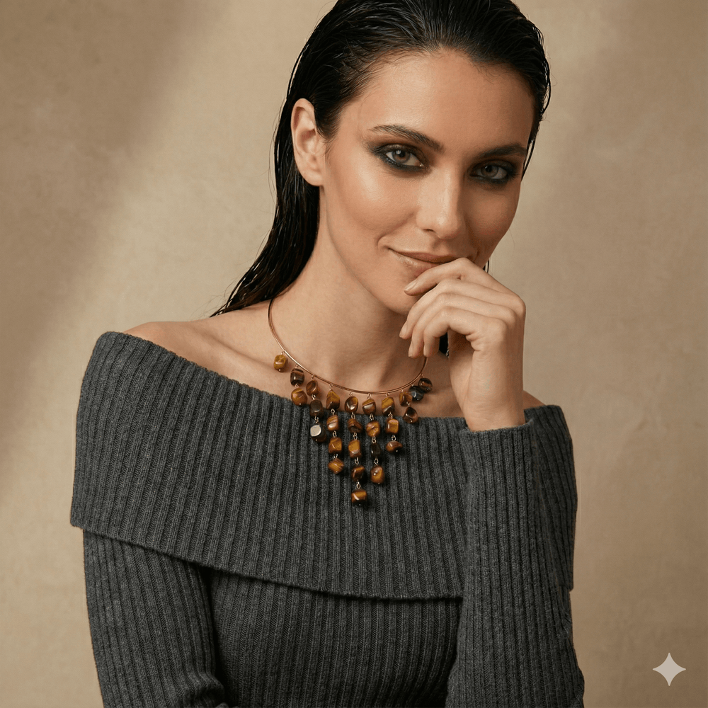 18K Gold Plated Tiger’s Eye Fringe Collar Choker Necklace