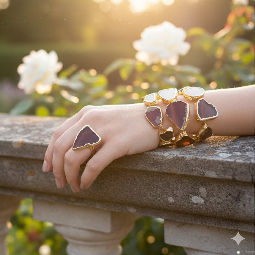 Raw Agate Slice Gold Plated Statement Ring & Cuff Bracelet Set