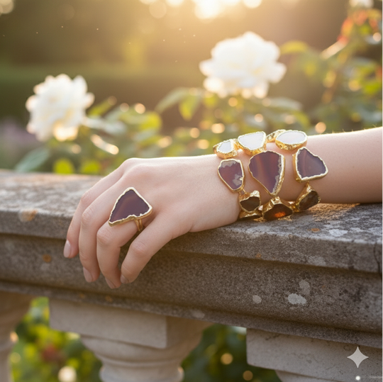 Raw Agate Slice Gold Plated Statement Ring & Cuff Bracelet Set