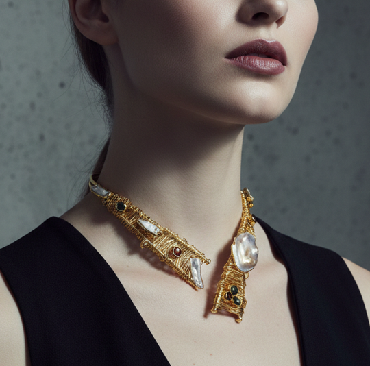 Handgemaakte 24k Vergulde Architecturale Choker – Sculpturale Statement Ketting met Barokparel & Edelsteen Accentdetails