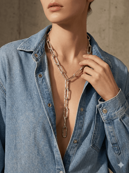 18k Vergulde Getextureerde Lariat Ketting - Langwerpige Schakel Y-Ketting (59cm)