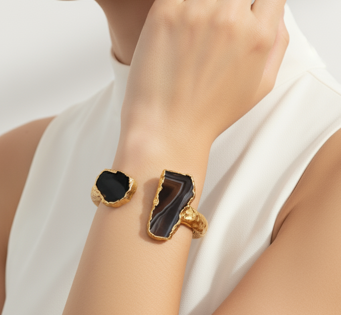 Agate Cuff Bracelet – Gold Plated Open Cuff With Unique Natural Stones