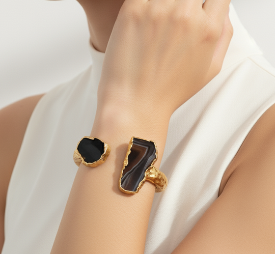 Agate Cuff Bracelet – Gold Plated Open Cuff With Unique Natural Stones