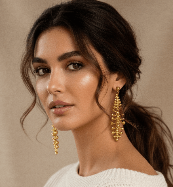 Gold Plated Architectural Beaded Chandelier Earrings- 8cm