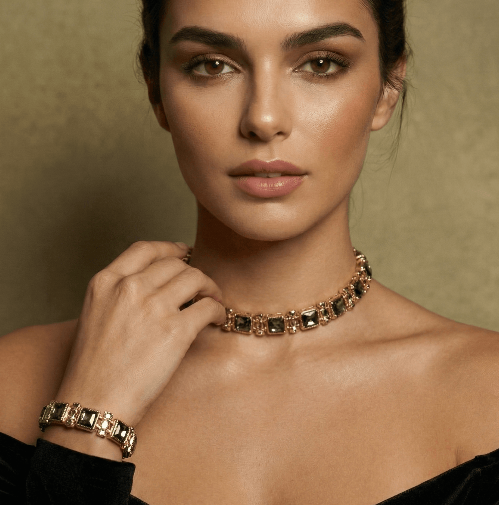 18k Gold Plated Geometric Gray Crystal Choker & Stretch Bracelet Set