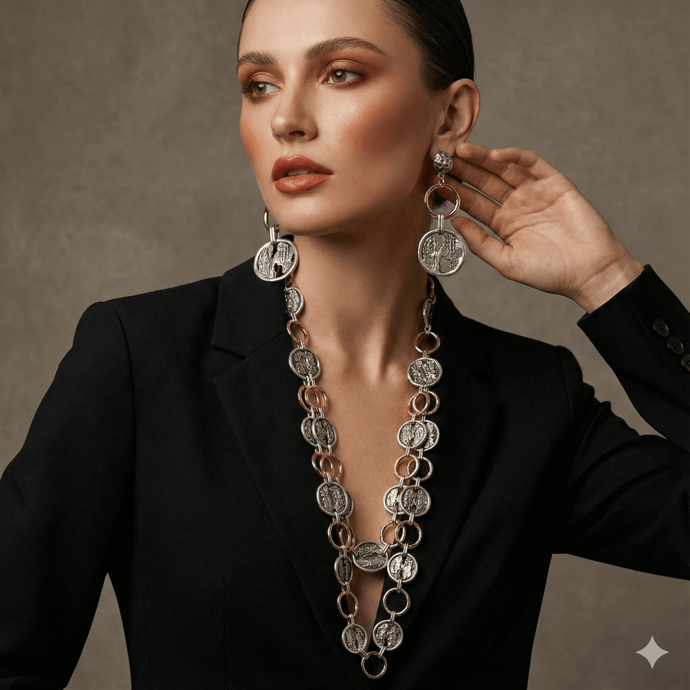 Luxe 18k Gold Plated Long Layered Necklace & Earring Set | Textured Statement Disc Design