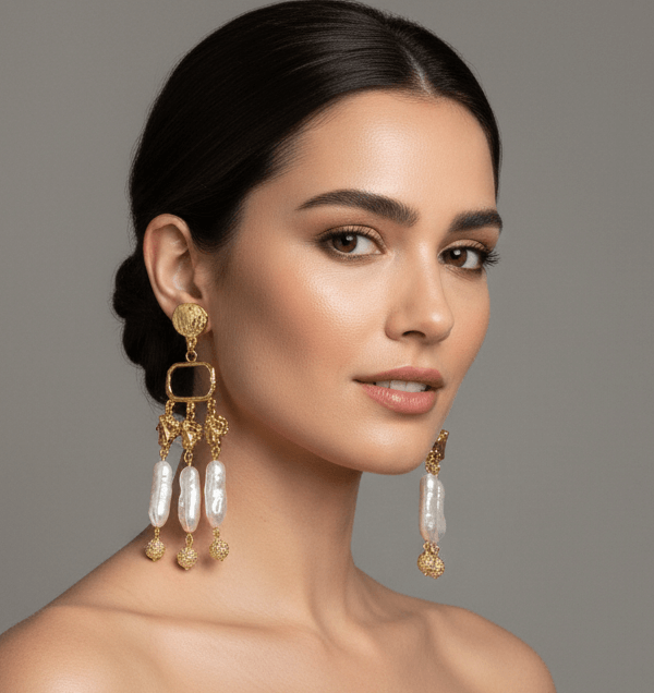 Gold Plated Chandelier Earrings with Elongated Faux Baroque Pearls, 10 cm