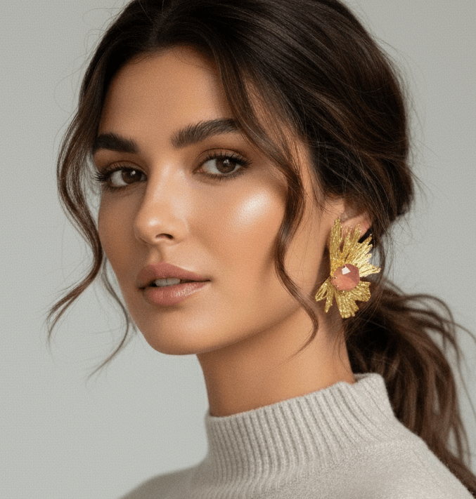 Blush Rose Sunburst Statement Earrings – 18K Gold Plated, 5 cm