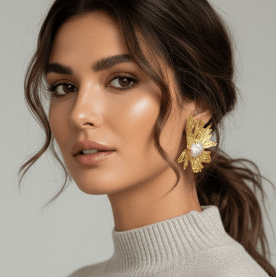 18k Gold Plated Large Sunburst Statement Earrings with Baroque Pearls