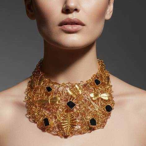 Handgemaakte 24k Vergulde "Golden Bloom" Statement Ketting - Natuurlijke Zwarte Toermalijn & Filigraan Vlinder Bib