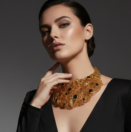Handgemaakte 24k Vergulde "Golden Bloom" Statement Ketting - Natuurlijke Zwarte Toermalijn & Filigraan Vlinder Bib