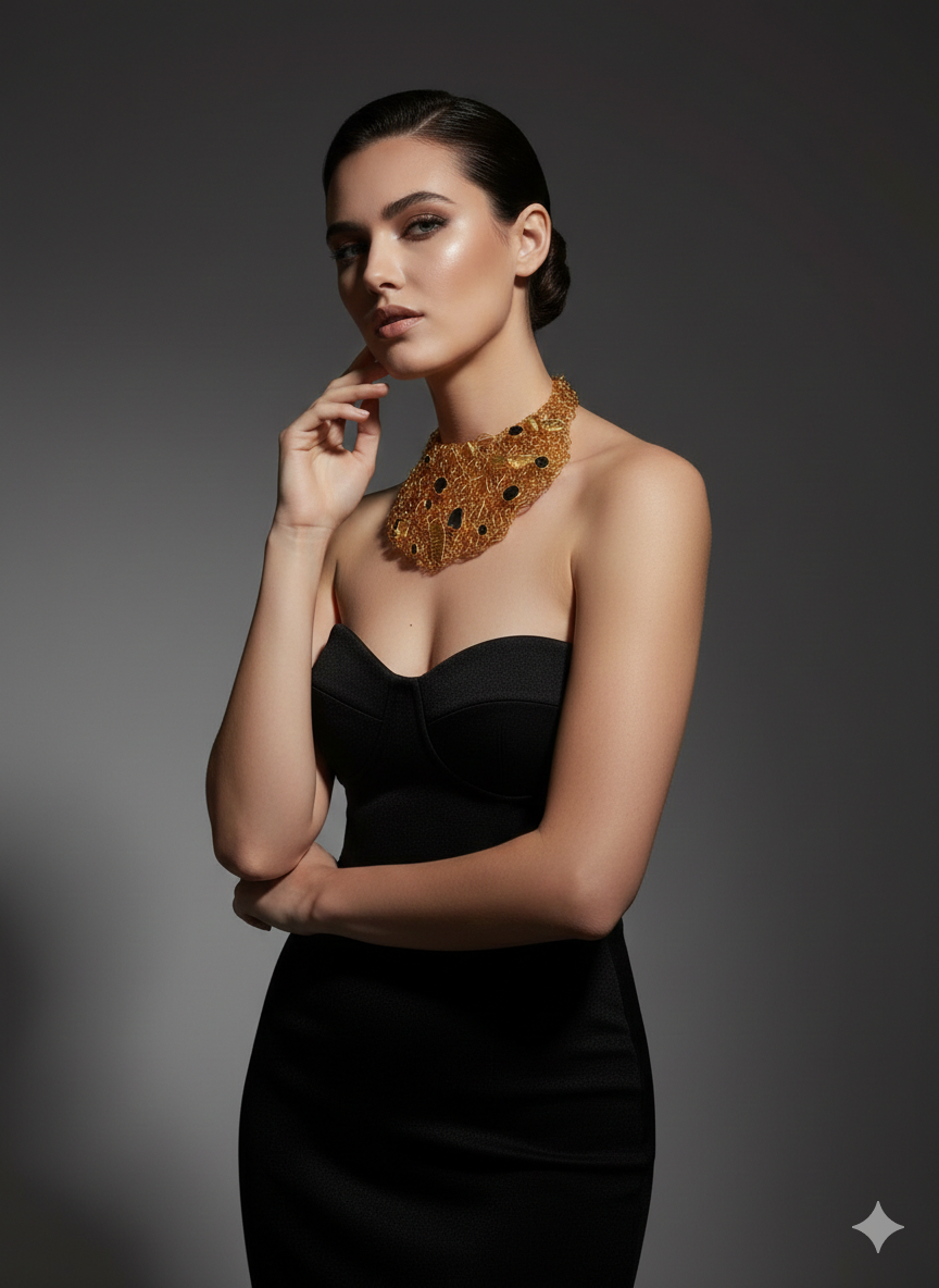 Handgemaakte 24k Vergulde "Golden Bloom" Statement Ketting - Natuurlijke Zwarte Toermalijn & Filigraan Vlinder Bib