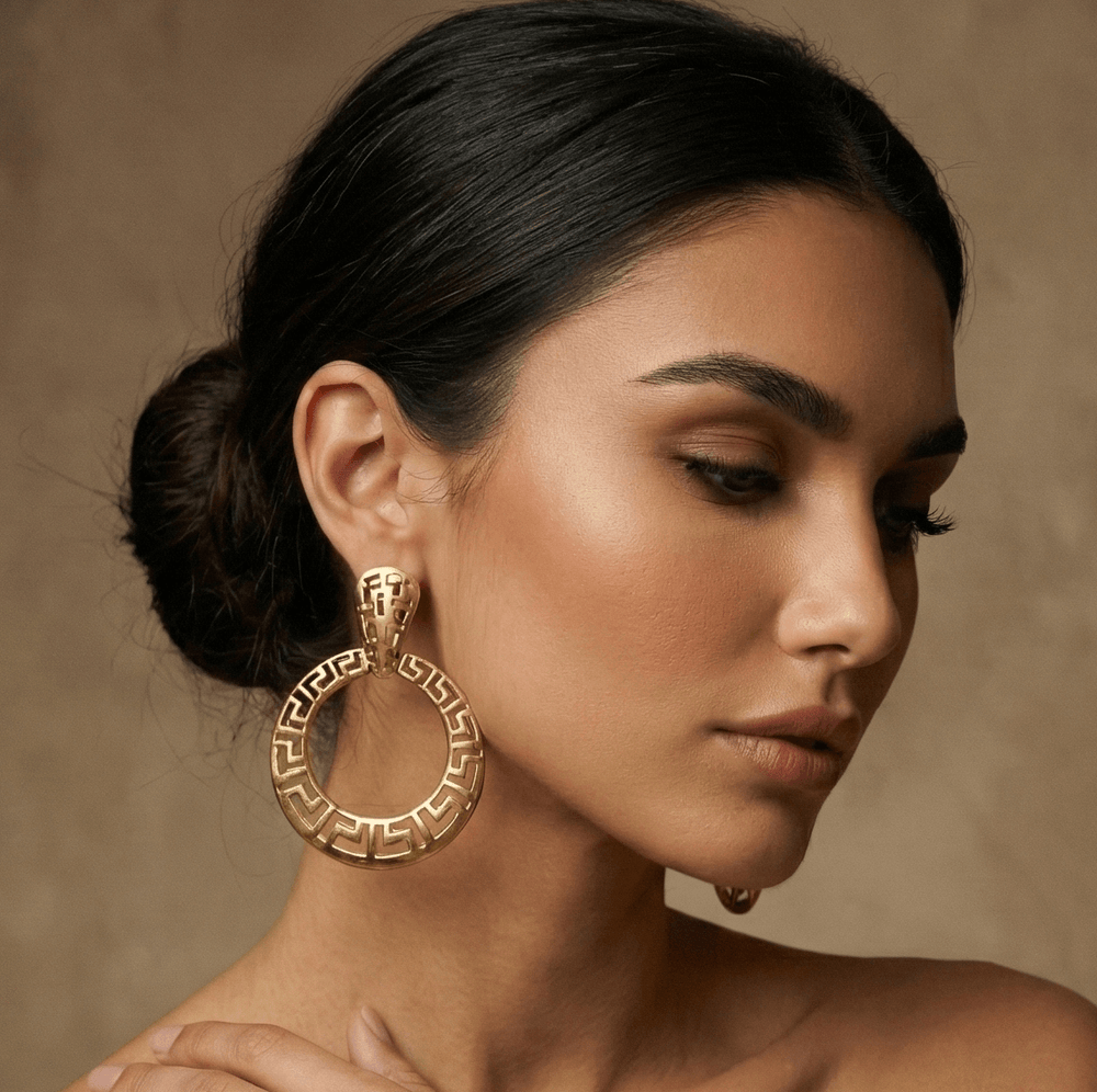 Oversized Greek Key Gold Plated Door Knocker Hoop Earrings - 6cm
