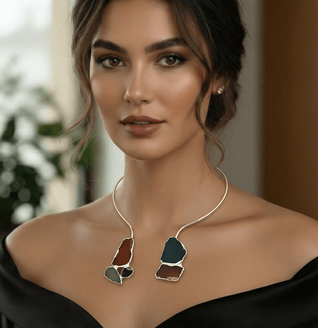 18k Gold Plated Raw Agate Sliced Choker – Handcrafted Open Torque Necklace