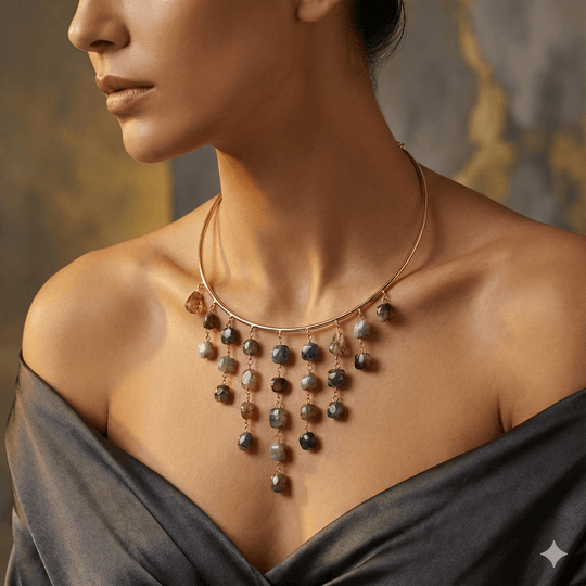 18K Gold Plated Wire Collar Necklace with Cascading Grey & Earth Tone Beaded Fringe Boho Statement