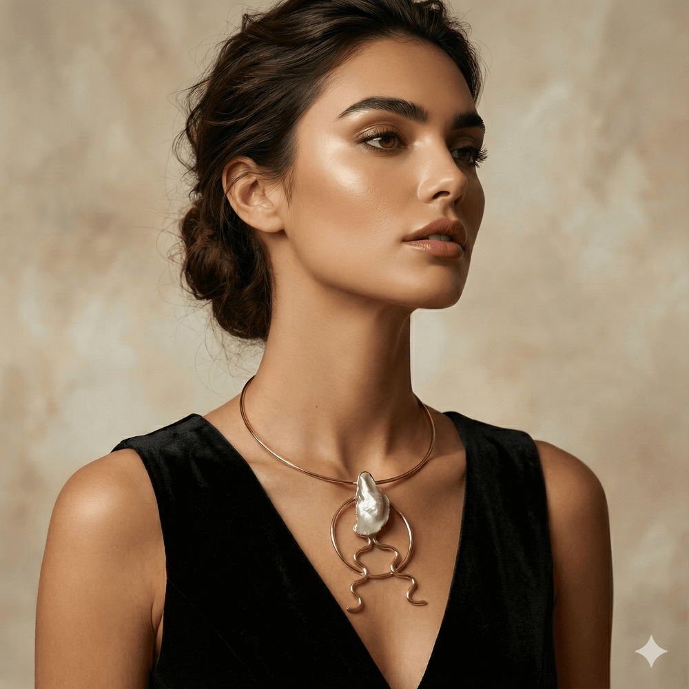 18k Gold Plated Sculptural Choker - Abstract Art Statement Necklace with Natural Stone