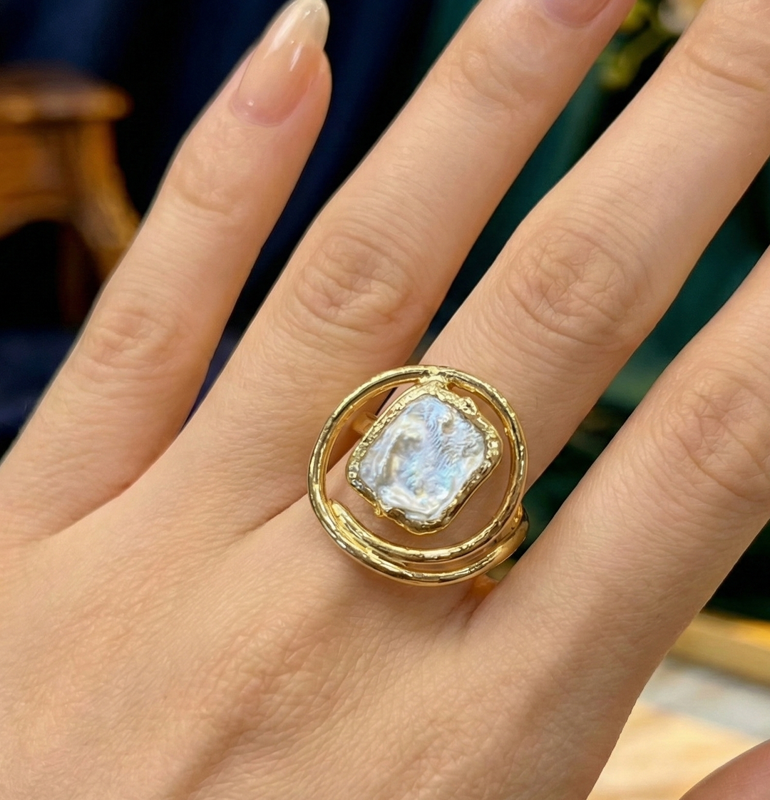 Gold Plated Pearl Ring – Adjustable Baroque Pearl Jewelry With Modern Swirl Design