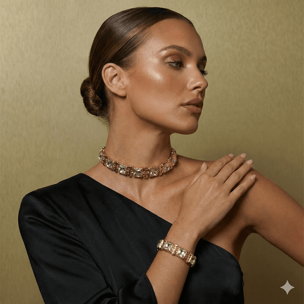 18k Gold Plated Geometric Crystal Choker & Stretch Bracelet Set