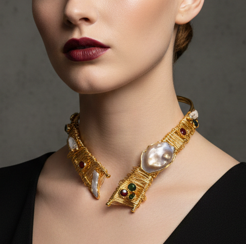 Handgemaakte 24k Vergulde Architecturale Choker – Sculpturale Statement Ketting met Barokparel & Edelsteen Accentdetails