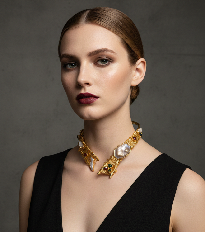 Handgemaakte 24k Vergulde Architecturale Choker – Sculpturale Statement Ketting met Barokparel & Edelsteen Accentdetails