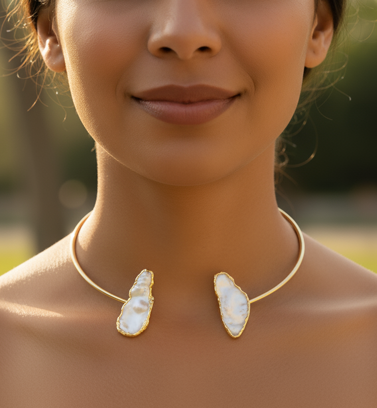Gold Plated Choker Necklace – Minimalist Baroque Pearl Shell Jewelry Gift