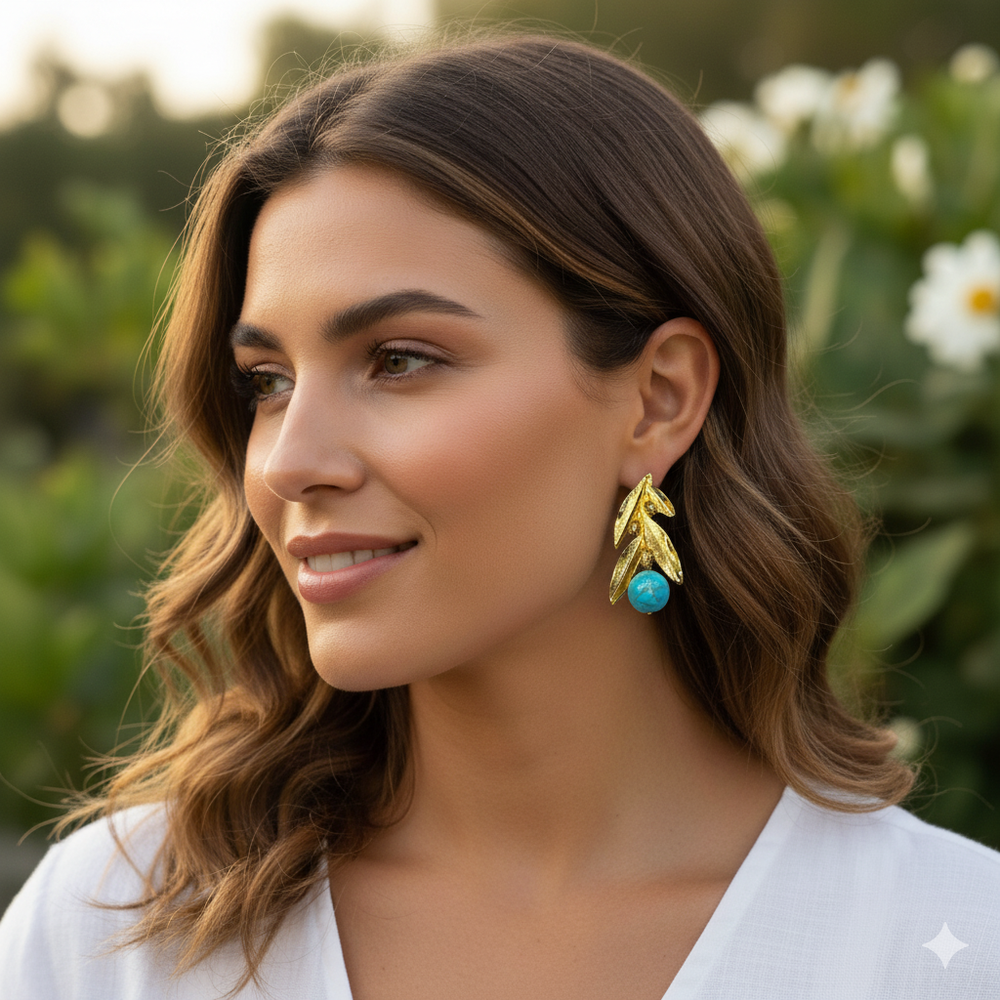 Gold Olive Leaf Earrings – Boho Dangle Turquoise Gemstone Jewelry, Handmade