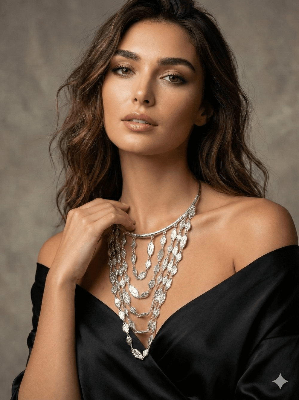 Silver Organic Nugget Tiered Bib Necklace - Multi-Strand Liquid Metal Statement Collar