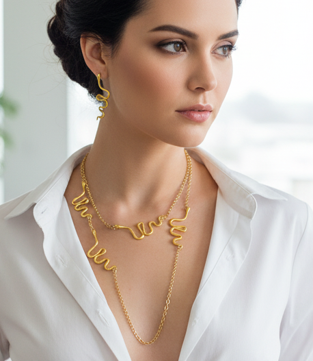 Gold Snake Necklace Set – 18K Gold Jewelry With Long Layering Necklace & Abstract Drop Earrings