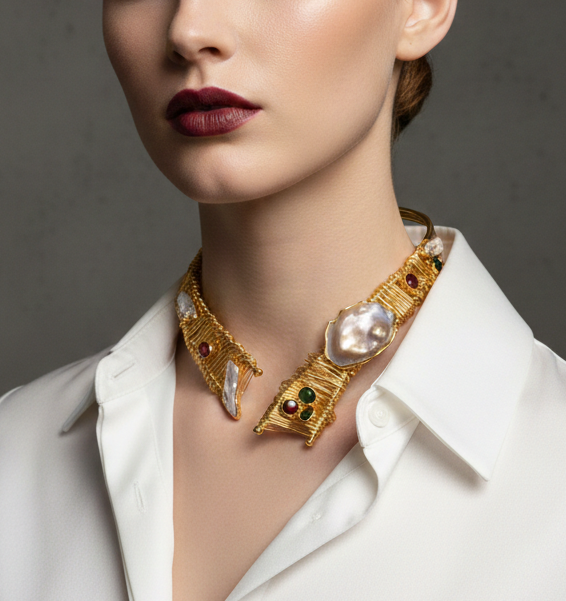 Handgemaakte 24k Vergulde Architecturale Choker – Sculpturale Statement Ketting met Barokparel & Edelsteen Accentdetails