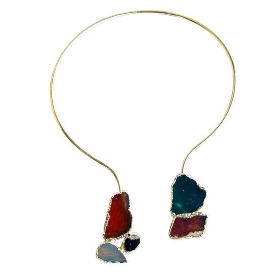 Gold Plated Open CollarChoker Necklace with Natural Agate worn by a model, showcasing its unique stone design and elegance.