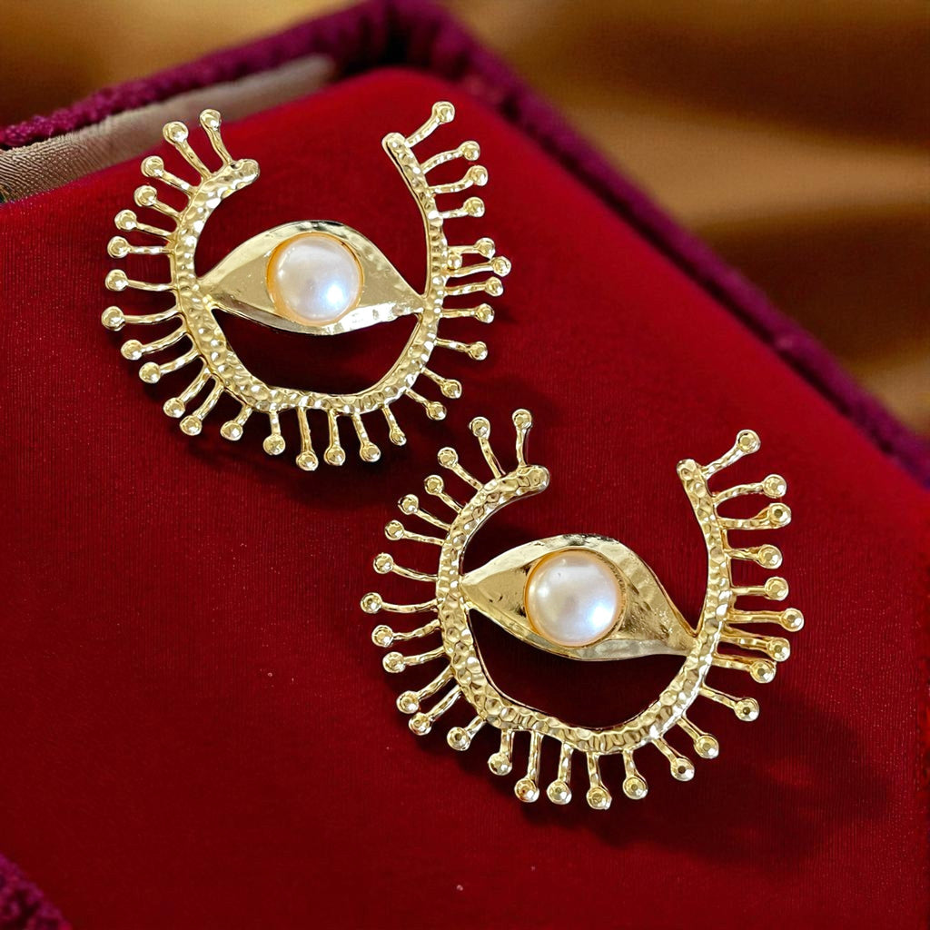 18K Gold Statement Earrings – Handmade Eye-Shaped Pearl Center Studs, 6cm