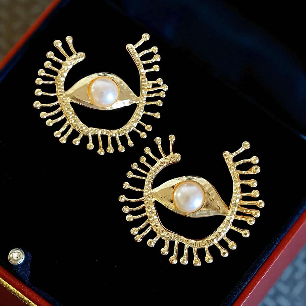 18K Gold Statement Earrings – Handmade Eye-Shaped Pearl Center Studs, 6cm - Aramele