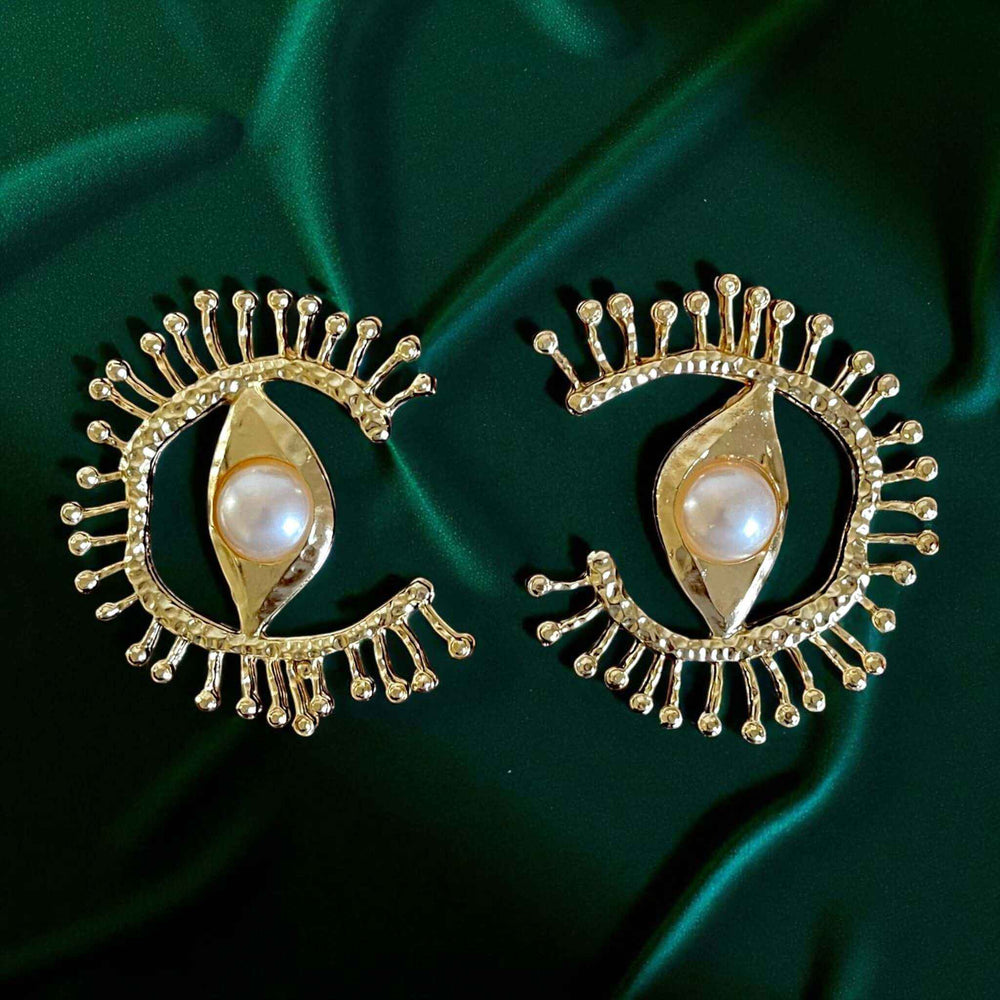 18K Gold Statement Earrings – Handmade Eye-Shaped Pearl Center Studs, 6cm