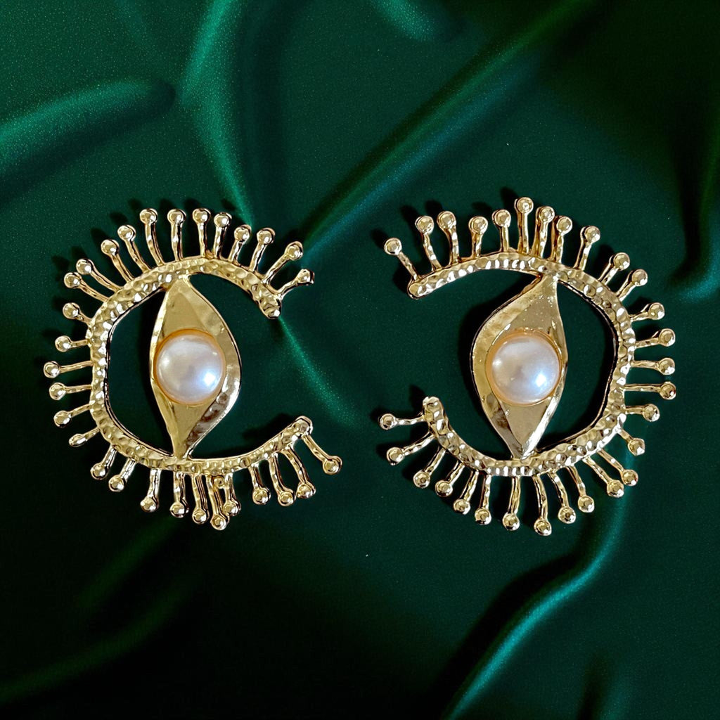 18K Gold Statement Earrings – Handmade Eye-Shaped Pearl Center Studs, 6cm