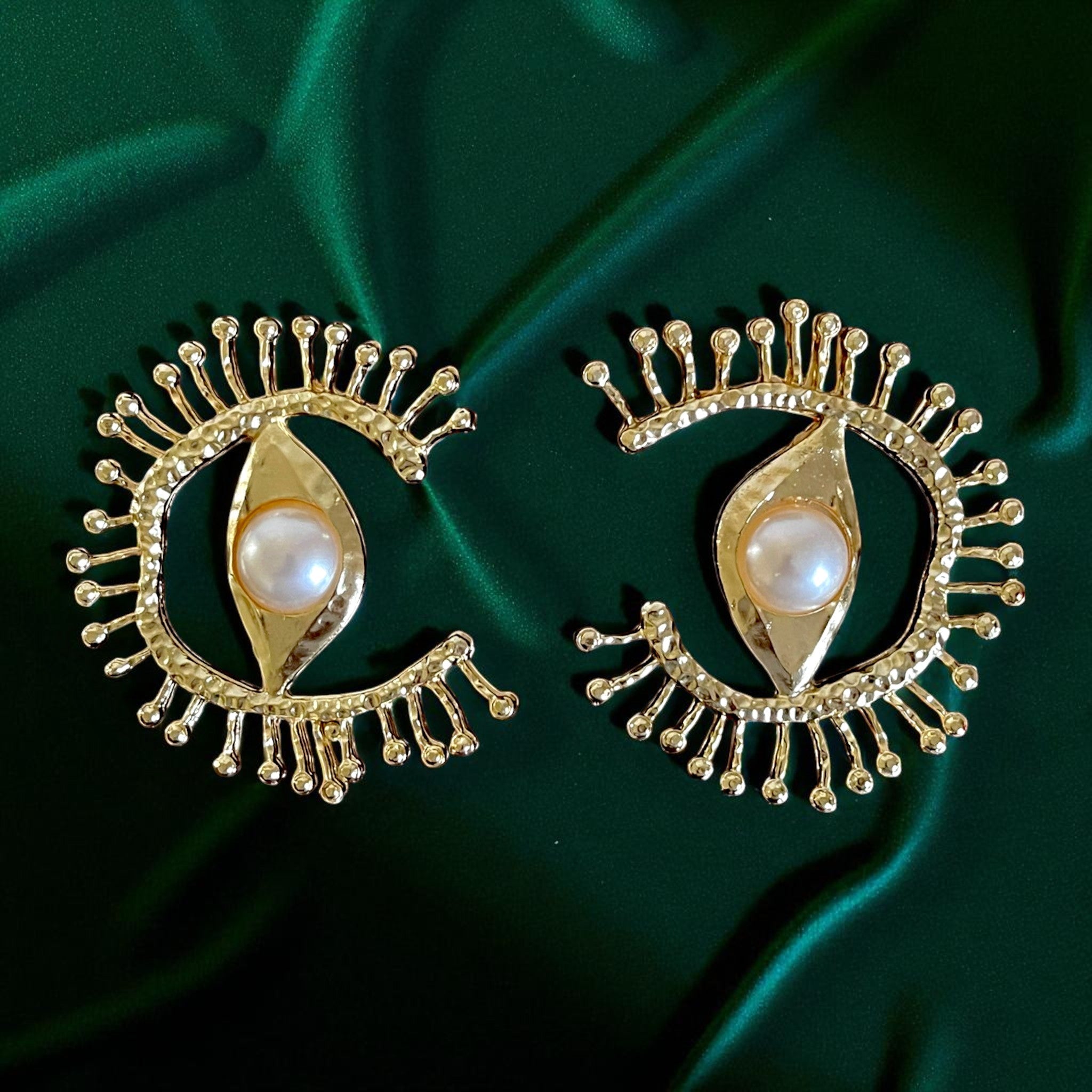 18K Gold Statement Earrings – Handmade Eye-Shaped Pearl Center Studs, 6cm